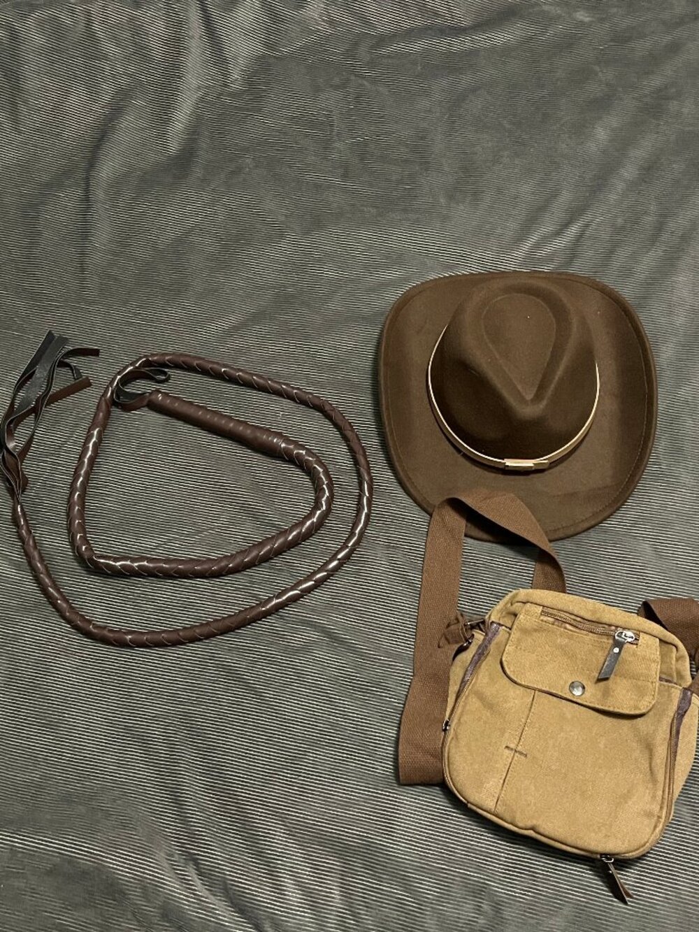 Brown Cowboy Hat, whip, satchel, rugged cotton shirt